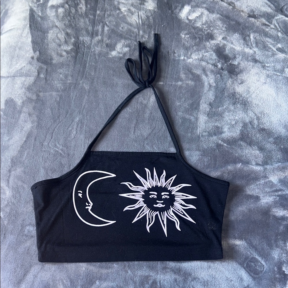 Black Halter Top with Sun and Moon Design